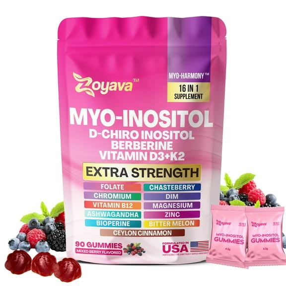 Myo-Inositol Gummies, D-Chiro Inositol, Berberine, Vitamin B12 D3 K2, Folate, Chromium, Chasteberry, Ceylon Cinnamon, Bitter Melon, Ashwagandha, Zinc, Magnesium, DIM Bioperine,Mixed Berry, 90 Gummies