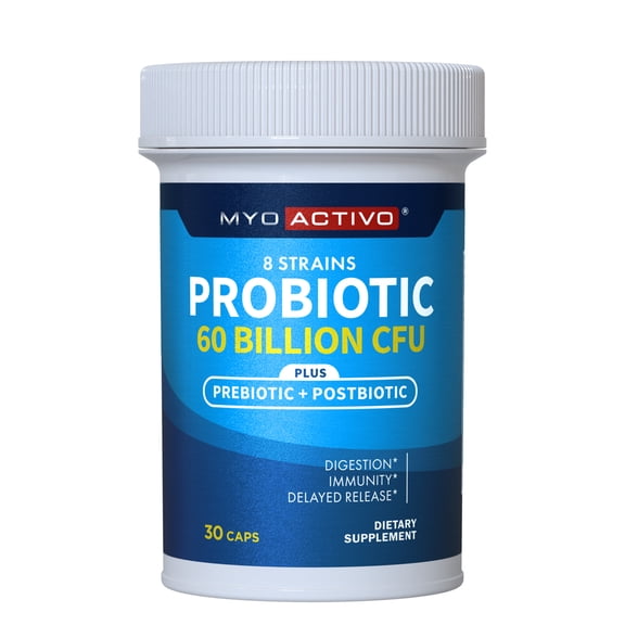MyoActivo 60 Billion CFU Probiotic - Unique Tri-Blend w/ 8 Probiotic Strains, Prebiotics & Postbiotics - For Digestive & Immune Support - Delayed Release - Shelf Stable - Non-GMO, Gluten Free - 30 Ct