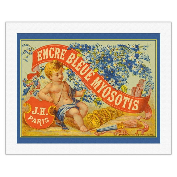 Myosotis Blue Pen Ink (Encre Bleue Myosotis) - J. Herbin Paris - Vintage Advertising Poster c.1860s - Fine Art Rolled Canvas Print 20in x 26in