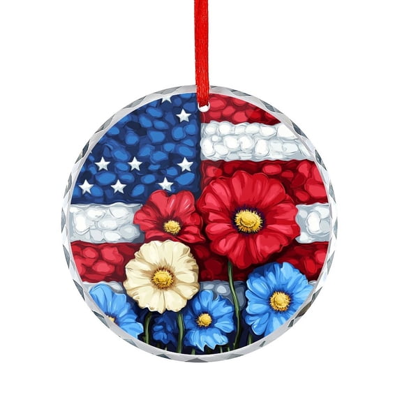 Myosotis Poppy Memorial Day Glass Christmas Ornament America Flag Stars And Stripes Round Glass Hanging Ornament Holiday Home Decor