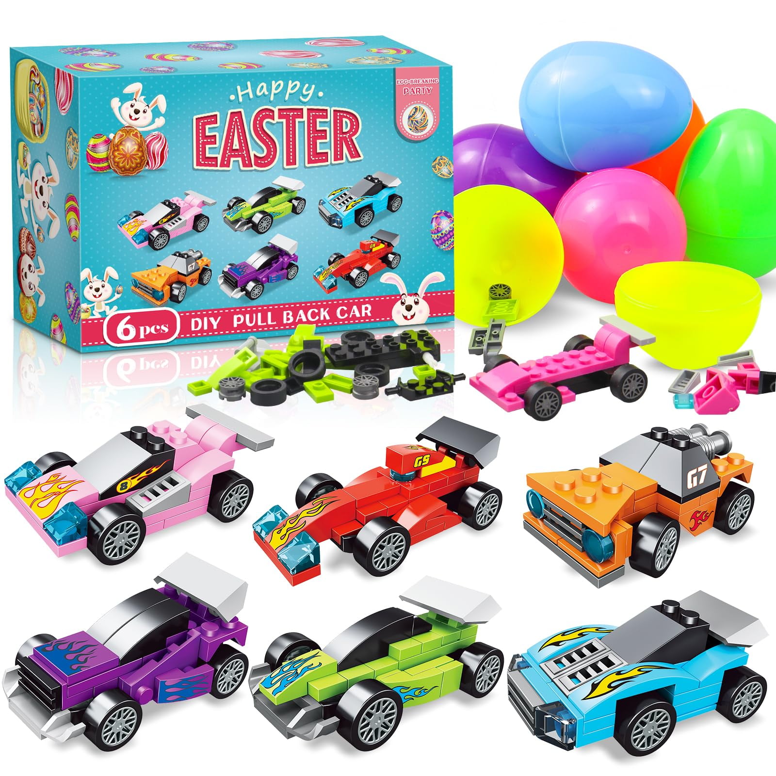 Myouth 6 Pcs Prefilled Easter Eggs Filled with Pull-Back Race Car Easter Basket Stuffers for Kids School Party Easter Egg Hunt Supplies Classroom Prizes for Boys Girls C52