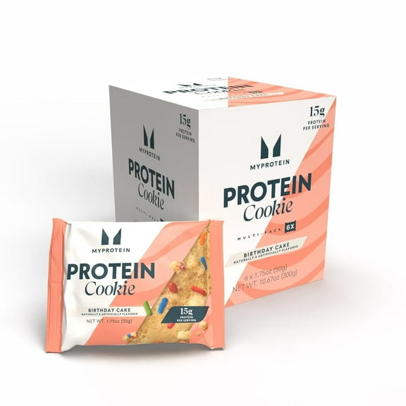 Myprotein Baked Protein Cookie, Birthday Cake Flavor, High Protein Snack with 60g Protein Per Box (15g Per Cookie), 6 Soft-Baked 60g Cookies, Delicious Post-Workout Treat, 210 Calories Each