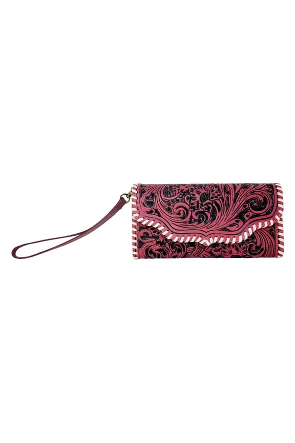 Western Leather Floral Wristlet Wallet for Women - Pink A101