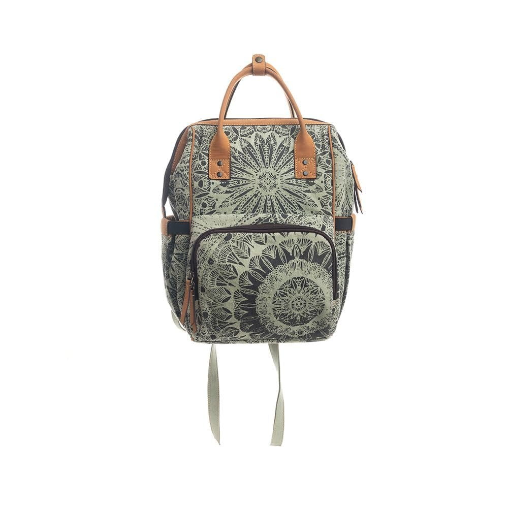 Myra Diaper Bag Women's Western Upcycled Canvas Leather Backpack Handbag Green