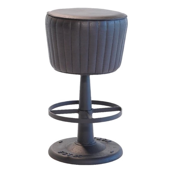 Myra Mushroom Counter Stool-Black Ribbed Leather-Dark Gray Iron Base