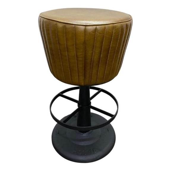 Myra Mushroom Counter Stool-Brown Ribbed Leather-Dark Gray Iron Base