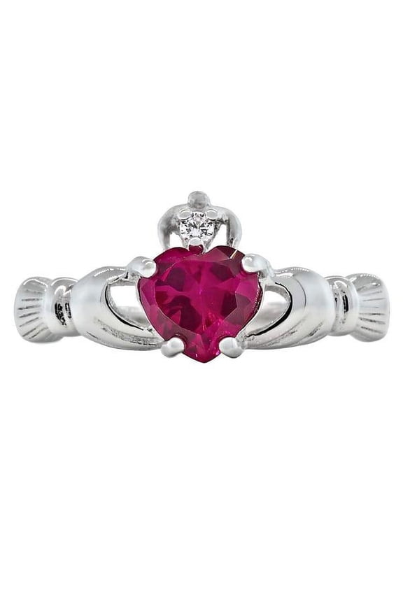 Myrna: 0.765ct Heart cut Simulated Ruby Ice CZ Claddagh Ring Sterling Silver sz 10.5
