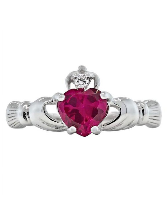 Myrna: 0.765ct Heart cut Simulated Ruby Ice CZ Claddagh Ring Sterling Silver sz 4.5