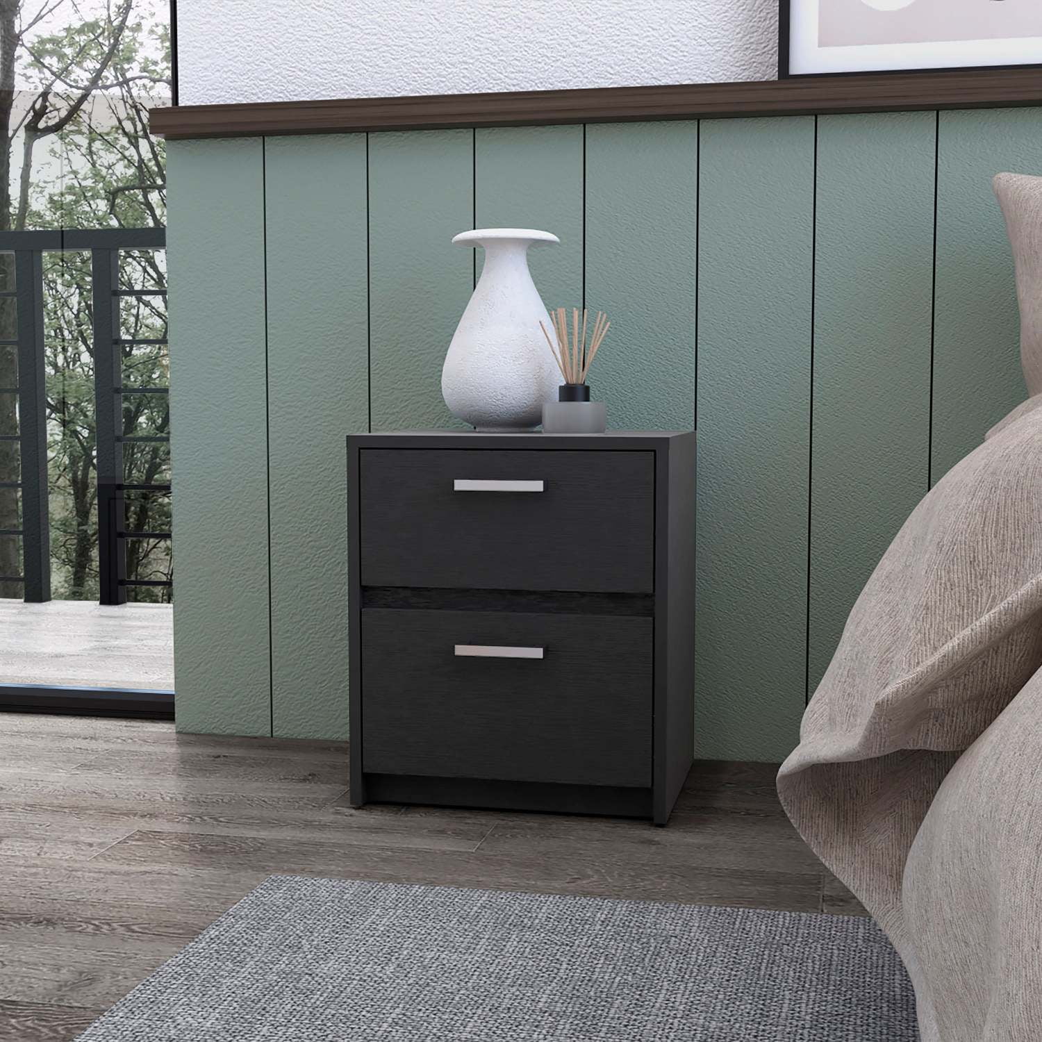 Myrtle 2 Drawers Nightstand, Black Engineered Wood Bedside Table with Metal Handles
