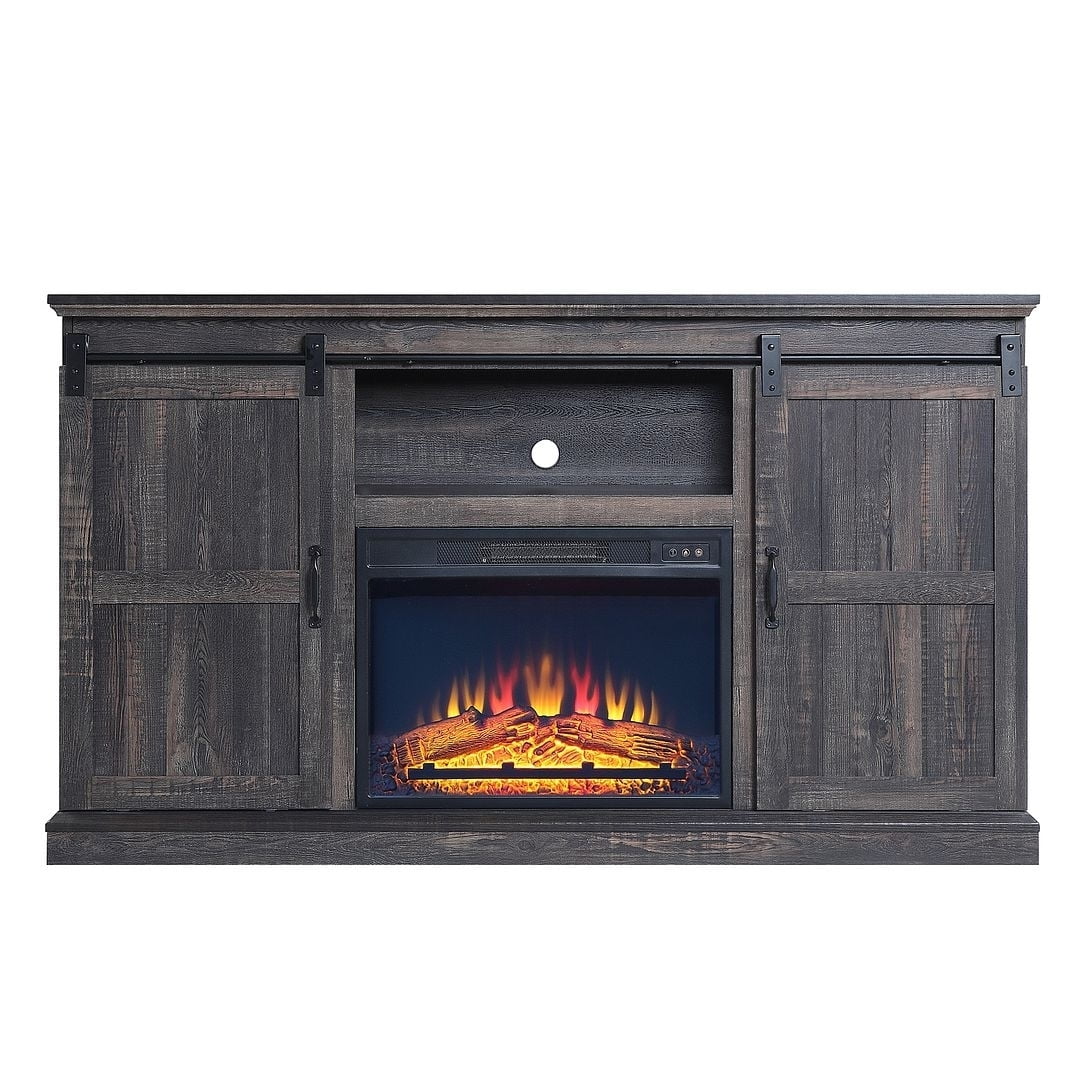 Heavy Brown Wood Fireplace TV Stand with Sliding Doors