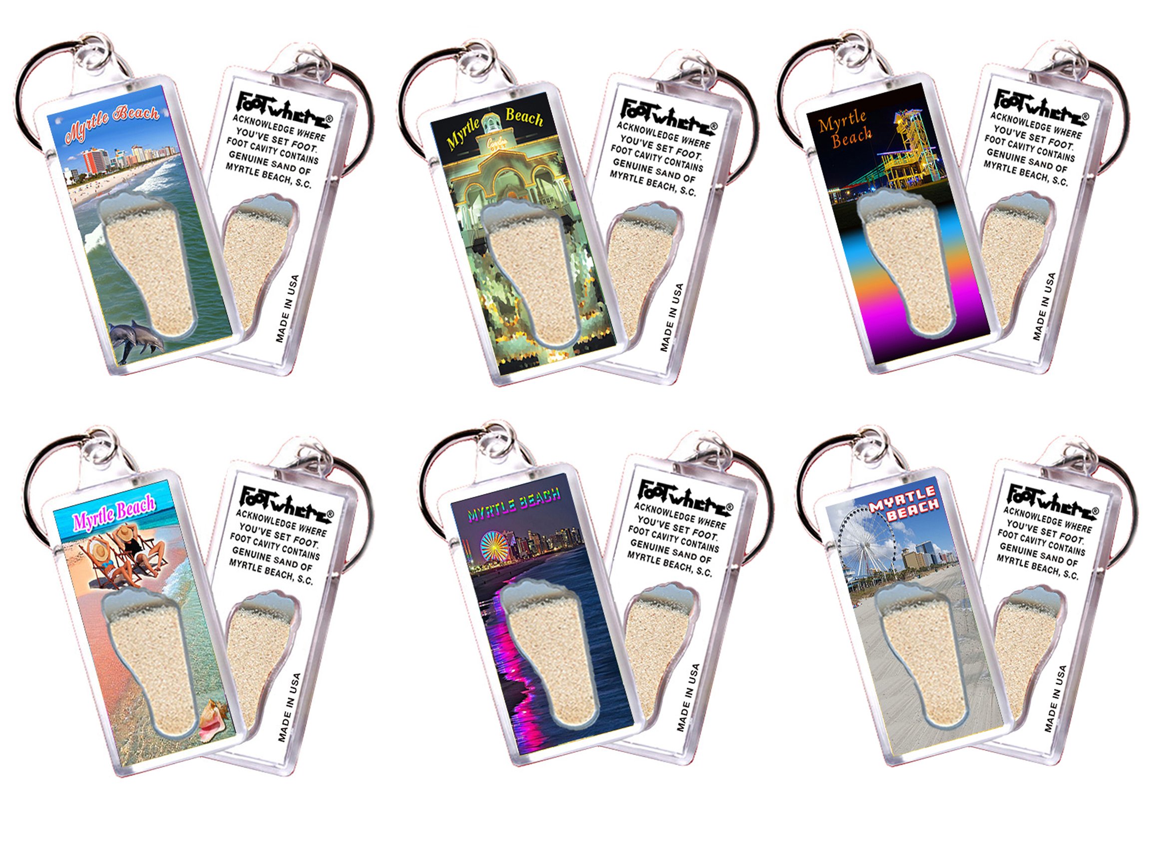Myrtle Beach FootWhere Keychains. (MBSC100 - Assorted) 6 Piece Set.
