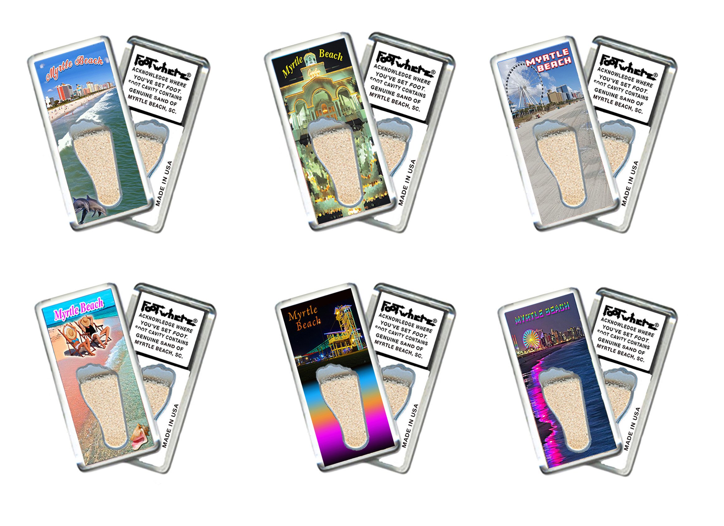 Myrtle Beach FootWhere Souvenir Fridge Magnets. 6 Piece Set. (MBSC200 - Assorted)
