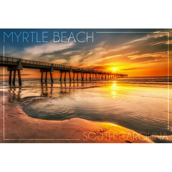 Myrtle Beach, South Carolina, Pier and Sunset (16x24 Giclee Gallery Art Print, Vivid Textured Wall Decor)