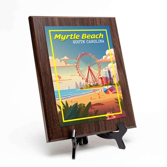 Myrtle Beach South Carolina, Wooden Frame 5x7 Decorative Wall Plaque With Easel Acrylic Stand | Famous Beaches Home Decor