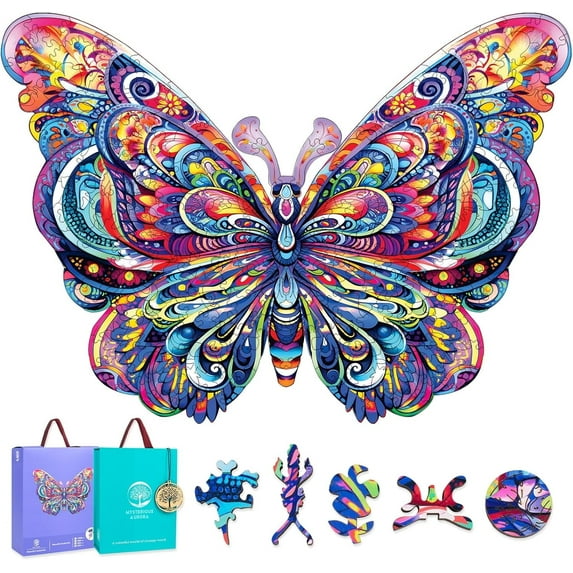 Mys Aurora Wooden Puzzles for Adults,39 * 30cm 300pcs Butterfly Wooden Jigsaw Puzzles, Luxurious Unique Shape Colorful Puzzles Gift, Wooden Puzzles for Family Game and Home Decor