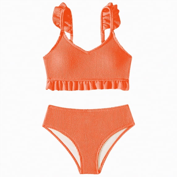 Myshe Girl's Two Piece Metallic Shell Bikini Sets Cut Out Ruffle Top High Waist Hipster Swimsuit Orange,5-6 Years