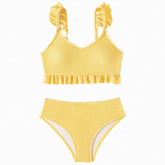 Myshe Girl's Two Piece Metallic Shell Bikini Sets Cut Out Ruffle Top High Waist Hipster Swimsuit Yellow,11-12 Years