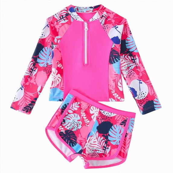 Myshe Girls Rash Guard Swimsuit 2 Pieces Long Sleeve Bathing Suits Swimwear UPF 50+ Hot Pink,6-7 Years
