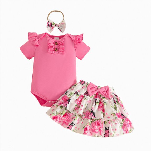 Myshe Toddler Baby Girl Outfit Newborn Baby Girl Summer Clothes Short Sleeve Ruffle Romper Top Skirt Set Infant Girl Overall Dress Outfits,White,3-4 Years