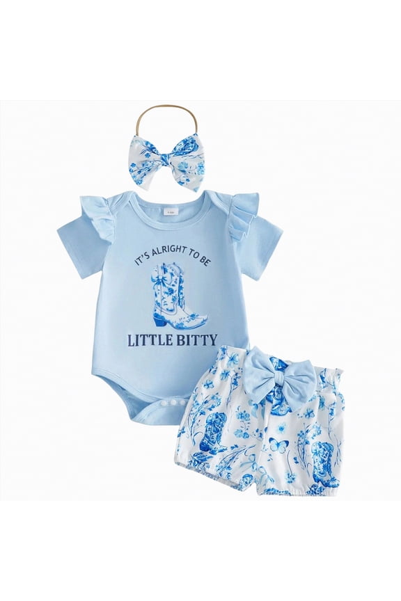 Western Baby Girl Summer Outfit Short Sleeve New Cowgirl in Town Romper Boots Print Shorts Newborn Cowgirl Clothes,Sky Blue,0-3 Months