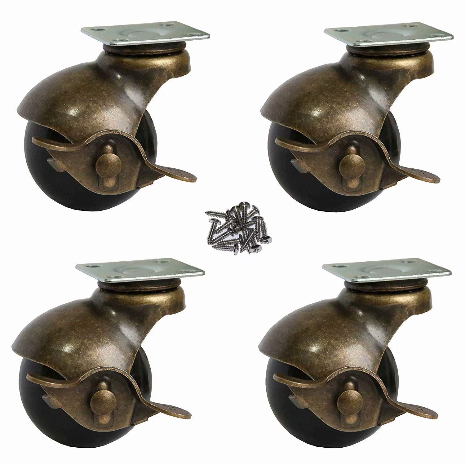 Mysit 4Pcs 2" Antique Brass Ball Caster Wheels with Brakes, Top Plate