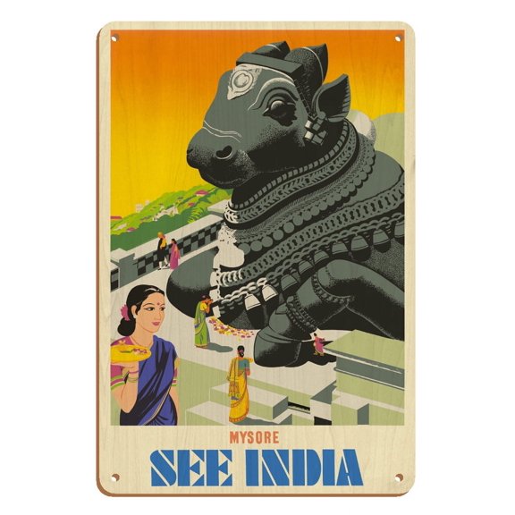 Mysore - See India - Sitting Nandi Bull Statue - Vintage Travel Poster c.1950s - 8 x 12 inch Vintage Wood Art Sign