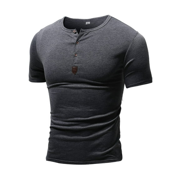Mysszz Men's Summer Button Round Neck Short Sleeve Solid Pullover T-Shirt Tops