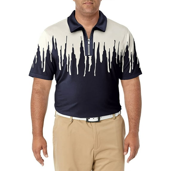 Mysszz Men's Summer Turn-down Collar Short Sleeve Beach Printed 1/20 Zip T-Shirt Tops