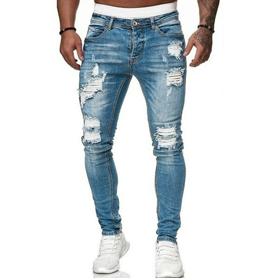 Mysszz Mens Chino Pant Solid Color Mid Waist Denim Ripped Jeans with Pockets