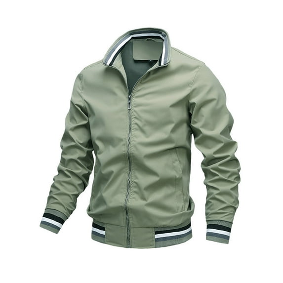 Mysszz Spring Men Full Zip Pockets Solid Color Splashproof Twill Jacket Coat