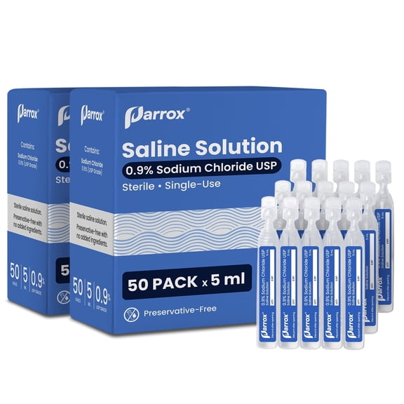 Parrox Saline Solution Single-Use Vials for Nasal & Personal Care, Preservative-Free, 5 mL Vials, 100 Count (2 Pack)