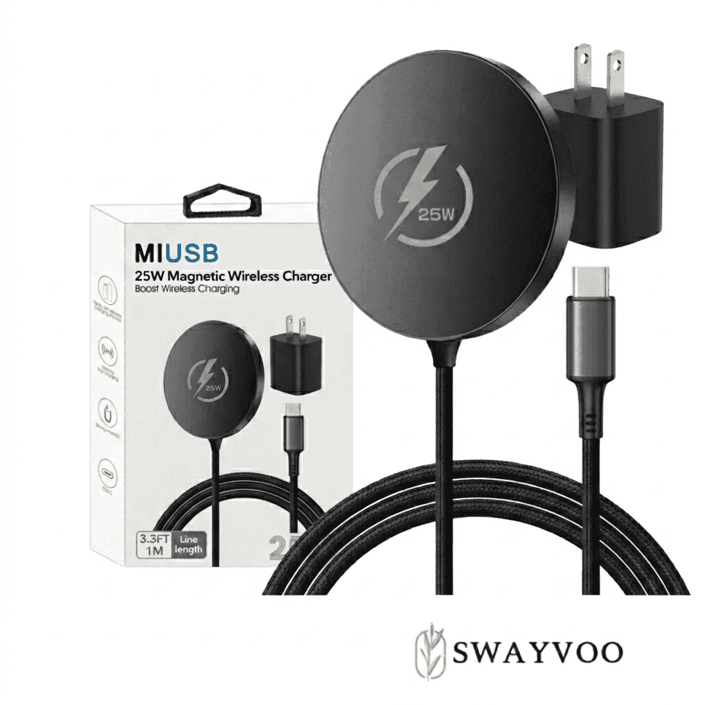 Swayvoo 25W Qi2.2 Fast Wireless Charging Pad, MagSafe-Compatible Magnetic Charger, iPhone 17 16 15 14 13 & AirPods, 30-Min Charge, USB-C Black