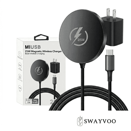 Swayvoo 25W Fast Wireless Charging Pad, MagSafe-Compatible Magnetic Charger, iPhone 17 16 15 14 13 & AirPods, 30-Min Charge, USB-C Black