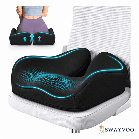 Swayvoo Contoured Memory Foam Seat Cushion for Office Chair & Car Seat Sciatica, Tailbone & Back Pain Relief Support Cushion Black