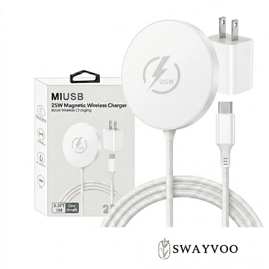 Swayvoo 25W Qi2.2 Fast Wireless Charging Pad, MagSafe-Compatible Magnetic Charger, iPhone 17 16 15 14 13 & AirPods, 30-Min Charge, USB-C White