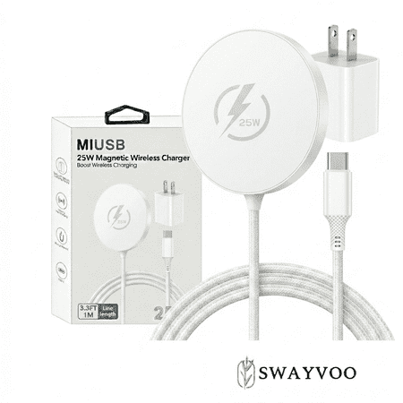 Swayvoo 25W Fast Wireless Charging Pad, MagSafe-Compatible Magnetic Charger, iPhone 17 16 15 14 13 & AirPods, 30-Min Charge, USB-C White