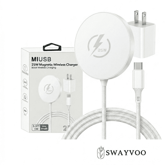 Swayvoo 25W Qi2.2 Fast Wireless Charging Pad, MagSafe-Compatible Magnetic Charger, iPhone 17 16 15 14 13 & AirPods, 30-Min Charge, USB-C White