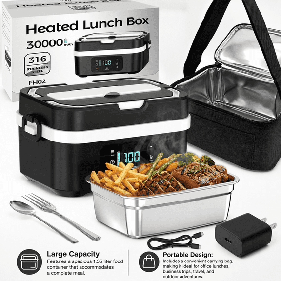 Swayvoo Portable Self Heating Lunch Box, Rechargeable Cordless Food Warmer with 30000mAh Battery Fast Heating, Smart Timer, Keep Warm for Work, Travel & Camping