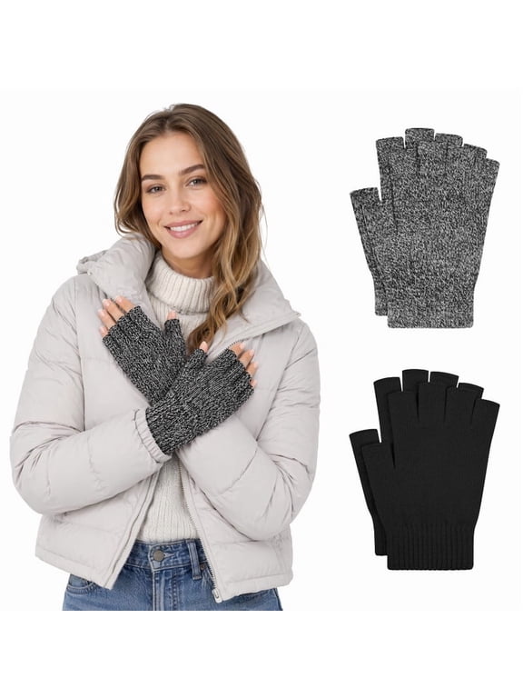 2 Pairs Thickened Warm Half Finger Gloves Winter Knitted Fingerless Gloves for Men and Women
