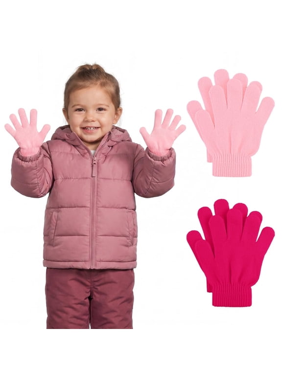 2 Pairs Kid's Thick Magic Gloves Winter Black Light Grey Stretchy Warm Full Fingers Gloves Mittens