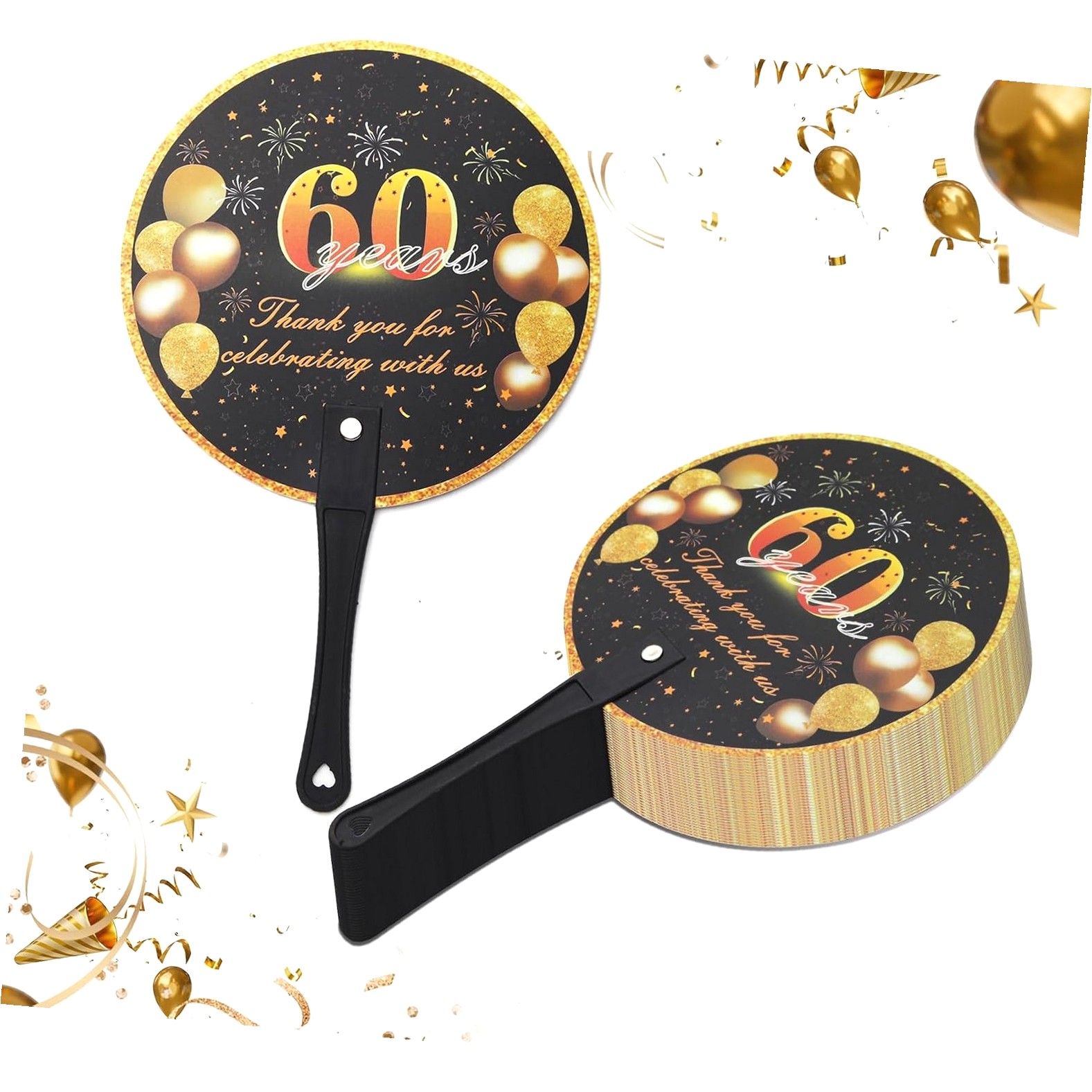 Myst Design 60th Birthday Fans, 60th Birthday Fans for Guests, 60th Birthday Decorations, 60th Birthday for Guests, Bulk Plastic Fans (50 PCS)