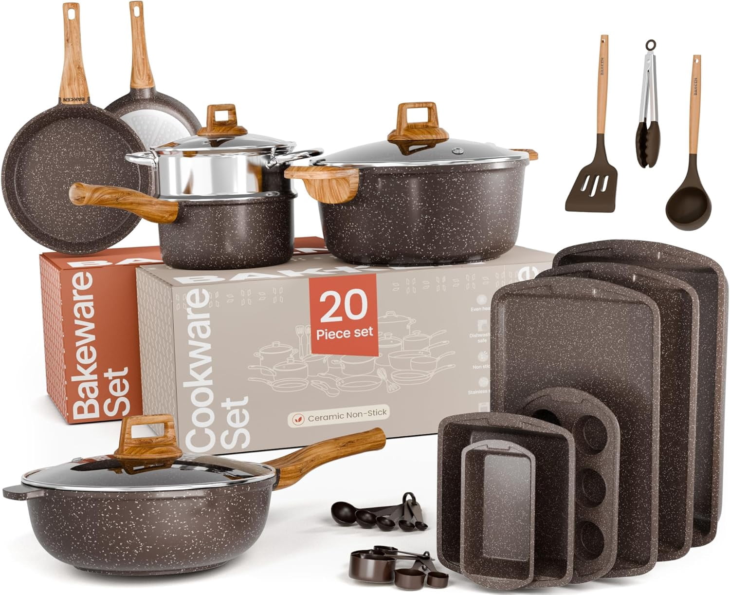 Bakken Master 20-Piece Nonstick Cookware Pots and Pans Set with Bakeware, Granite Coating, Tempered Glass Lids, Oven Safe 500°F, Brown Marble