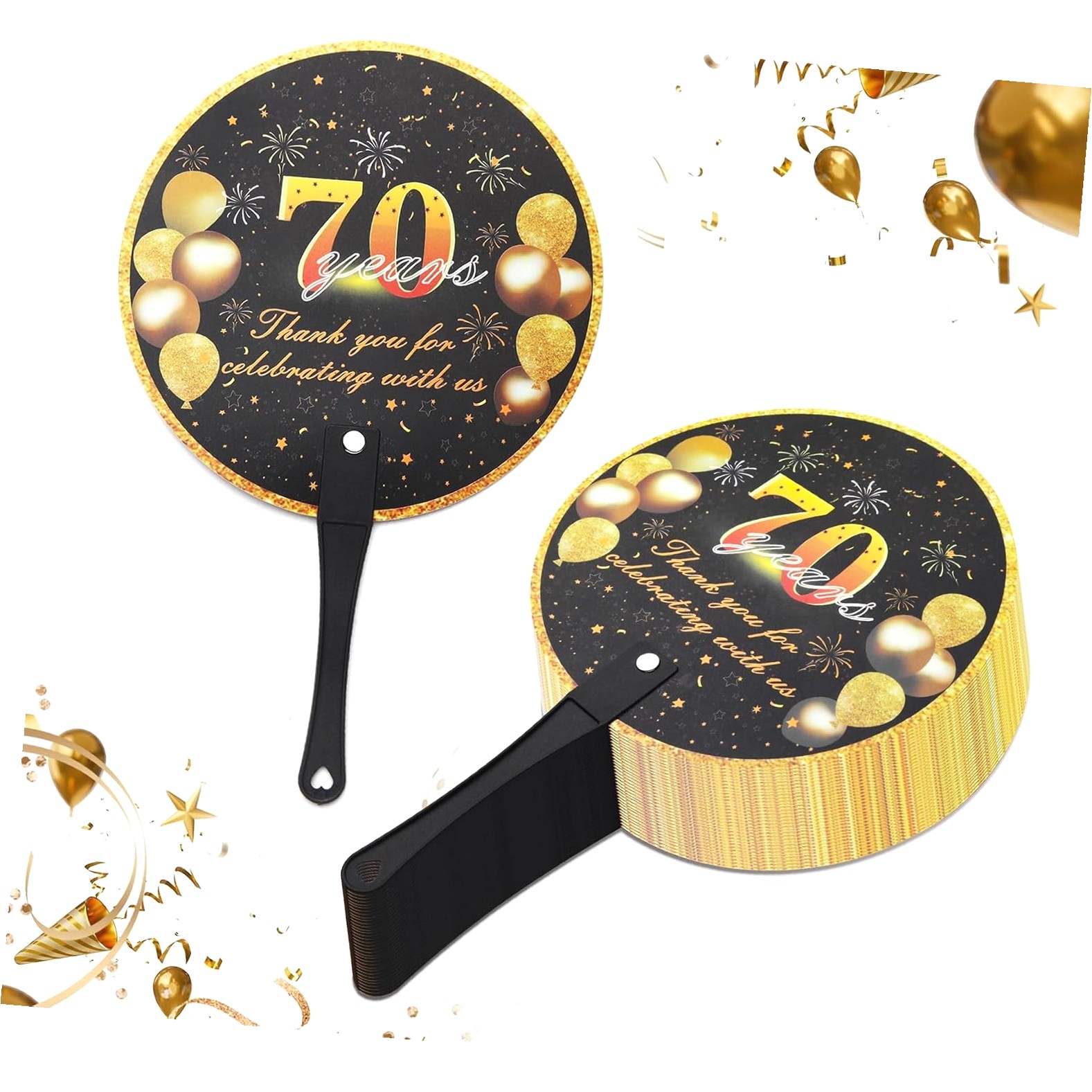 Myst Design 70th Birthday Fans, 70th Birthday Fans for Guests, 70th Birthday Decorations, 70th Birthday Supplies for Guests, Bulk Plastic Fans (50 Pie