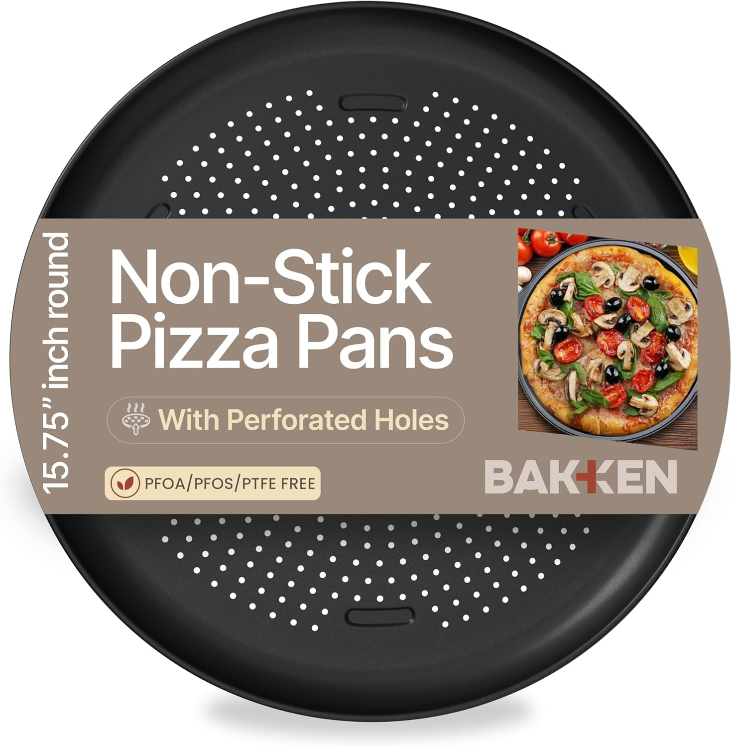 Bakken 16" Non-Stick Perforated Pizza Pan 1 Pack, Round Carbon Steel Tray, Oven & Dishwasher Safe, Durable Nonstick, Black