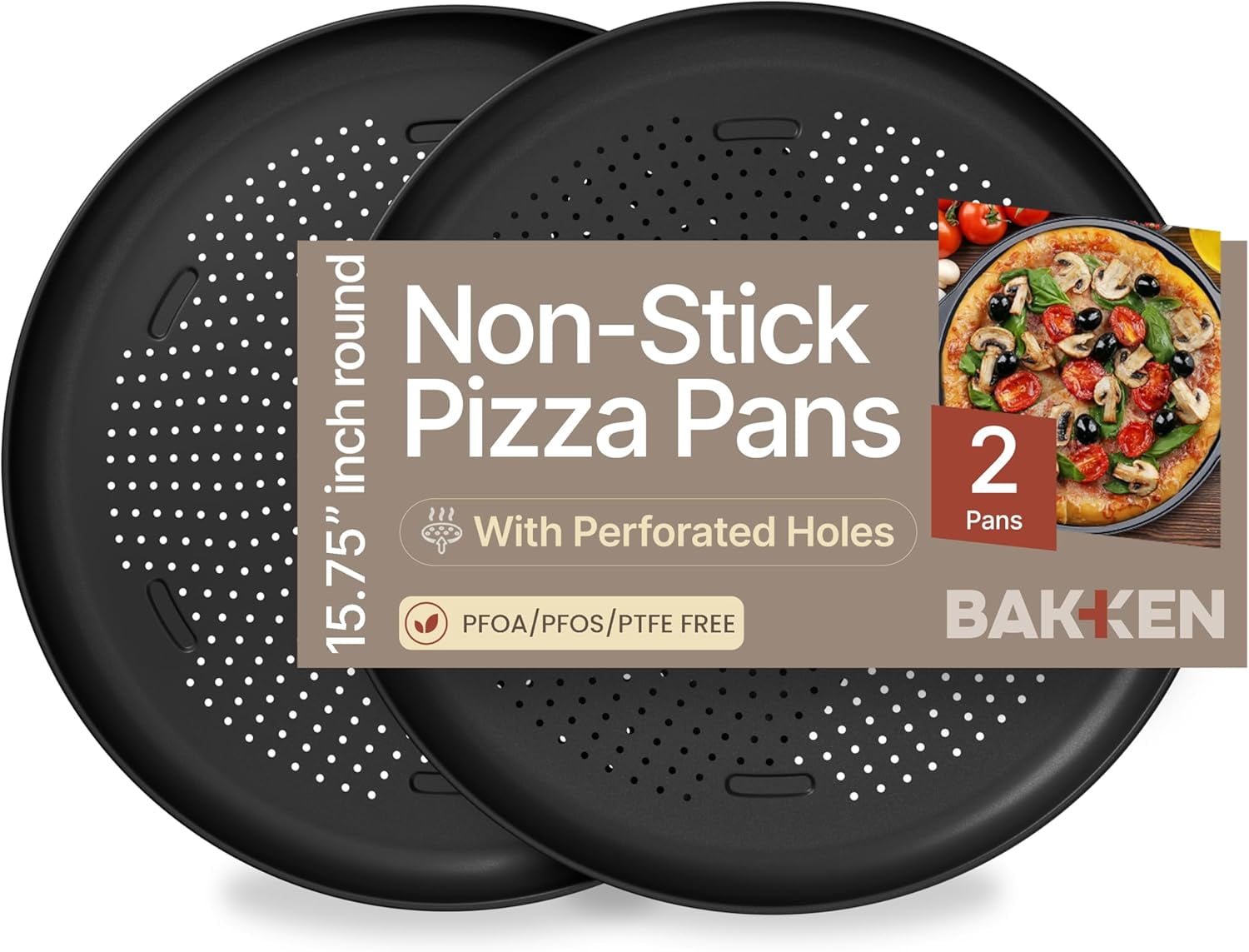 Bakken 16" Non-Stick Perforated Pizza Pan 2 Pack, Round Carbon Steel Tray, Oven & Dishwasher Safe, Durable Nonstick, Black