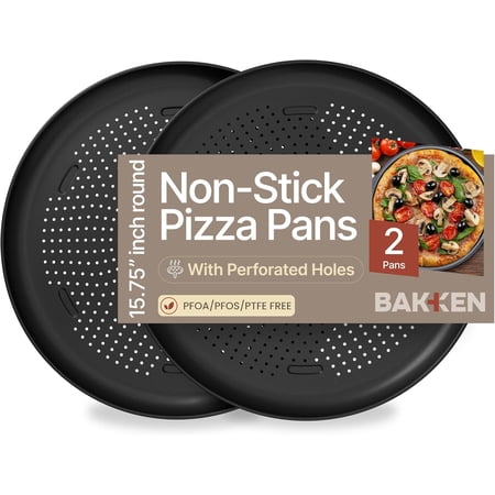 Bakken 16" Non-Stick Perforated Pizza Pan 2 Pack, Round Carbon Steel Tray, Oven & Dishwasher Safe, Durable Nonstick, Black