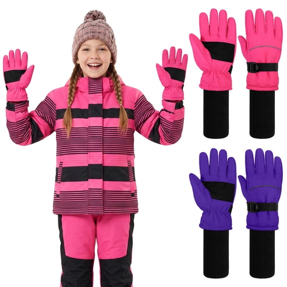 Cooraby 2 Pack Long Kids Winter Ski Gloves Waterproof Warm Snow Gloves Thick Unisex Mitten Gloves for Girls Boys