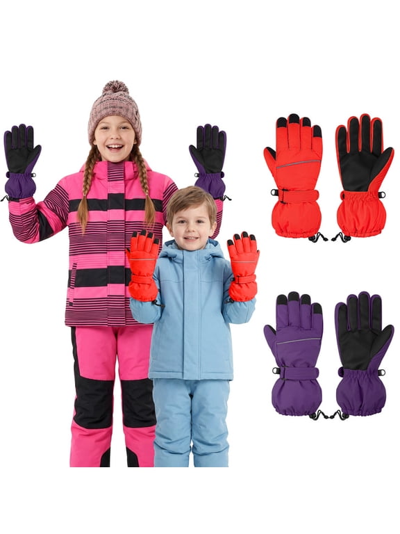 2 Pairs Kids Snow Ski Gloves Winter Waterproof Warm Gloves for Boys Girls Cold Weather Outdoor