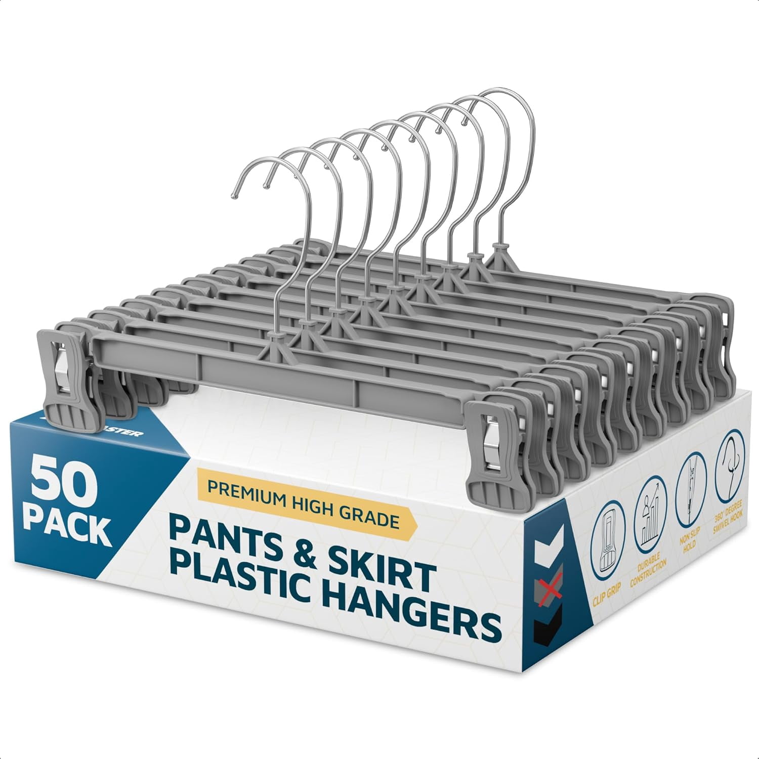 Lifemaster Pants Hangers with Clips, 50 Pack, 12" Heavy-Duty Non-Slip Grip, 360° Swivel Hook, Space-Saving Hangers for Pants, Skirts, Shorts, Gray