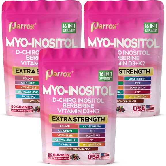 Parrox Myo-Inositol & D-Chiro Inositol Gummies with Berberine, Vitamins D3+K2, B12, Folate, Zinc, Magnesium, Ashwagandha, Chasteberry, Bioperine, DIM - 16 in 1 Supplement - 90 Gummies (3 Pack)